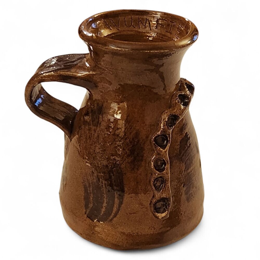 Vintage Handmade Pottery Pitcher Signed Brown Glazed Ceramic Jug Rustic Decor 5”